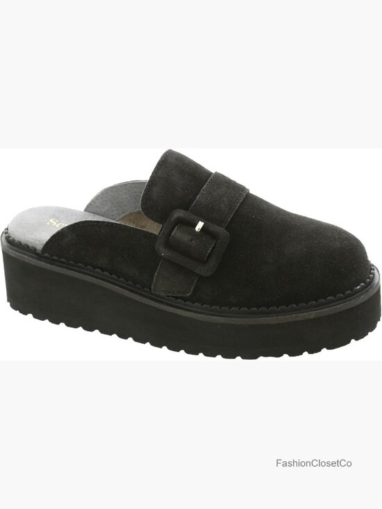 Shoes - Suede Slip-On Mule with Buckle Strap Detail, Platform Heel